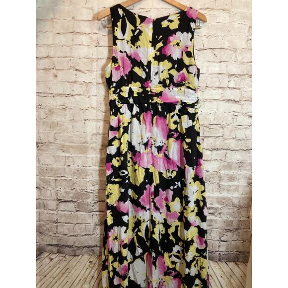 Old Navy Maxi Dress Womens 12 Black Pink Watercolor Floral Full Length Flowy Zip - Picture 14 of 16